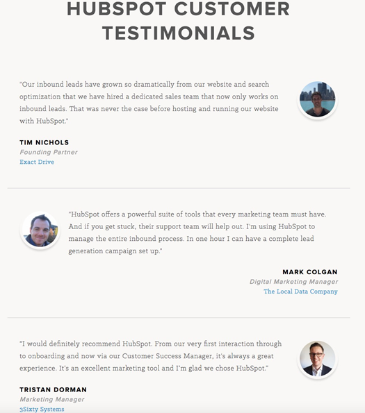 HubSpot的客戶評價頁面突出顯示了客戶積極正面的評價，給新的潛在客戶灌輸對HubSpot的信任。